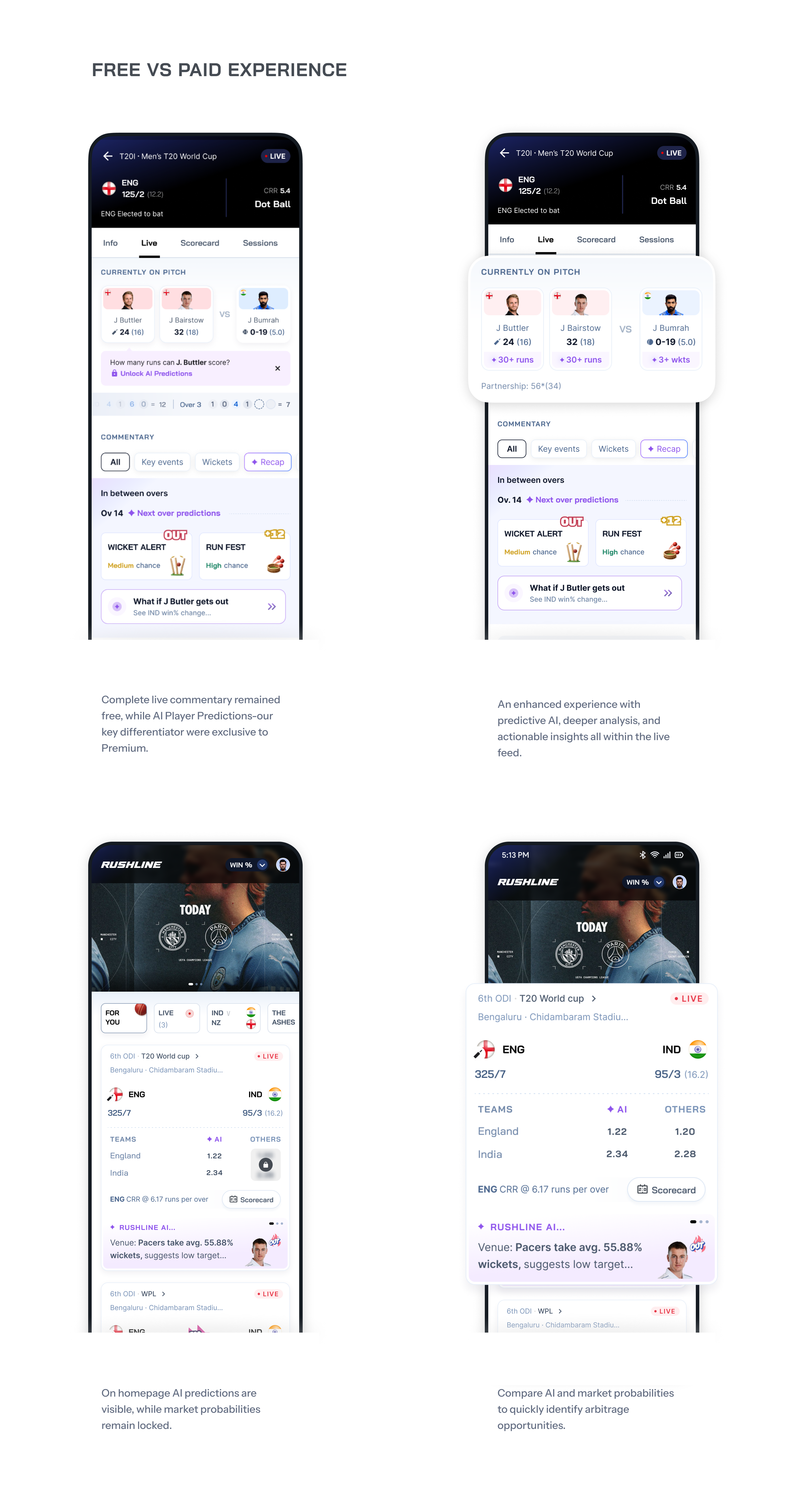 Comparison of free and paid AI commentary experiences across live feed and homepage screens